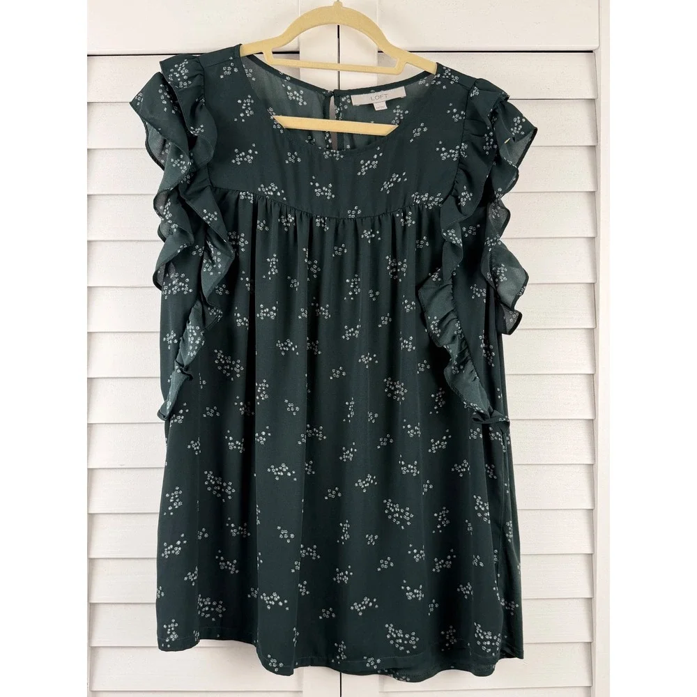 LOFT Flutter Sleeve Top Women XXL Green Floral Ruffle Blouse - Picture 1 of 14